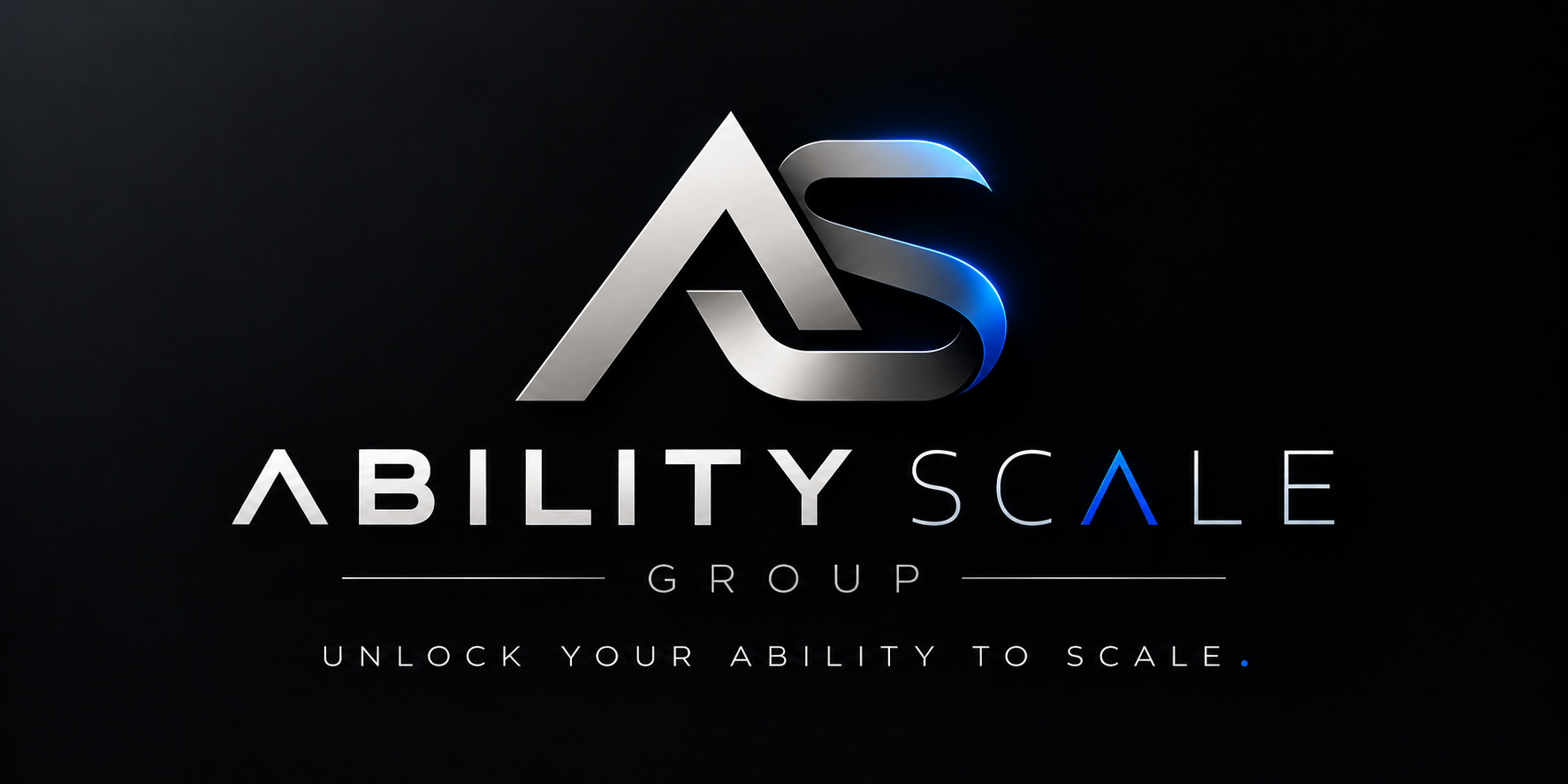 Ability Scale Group metallic silver AS monogram and wordmark with electric blue accent